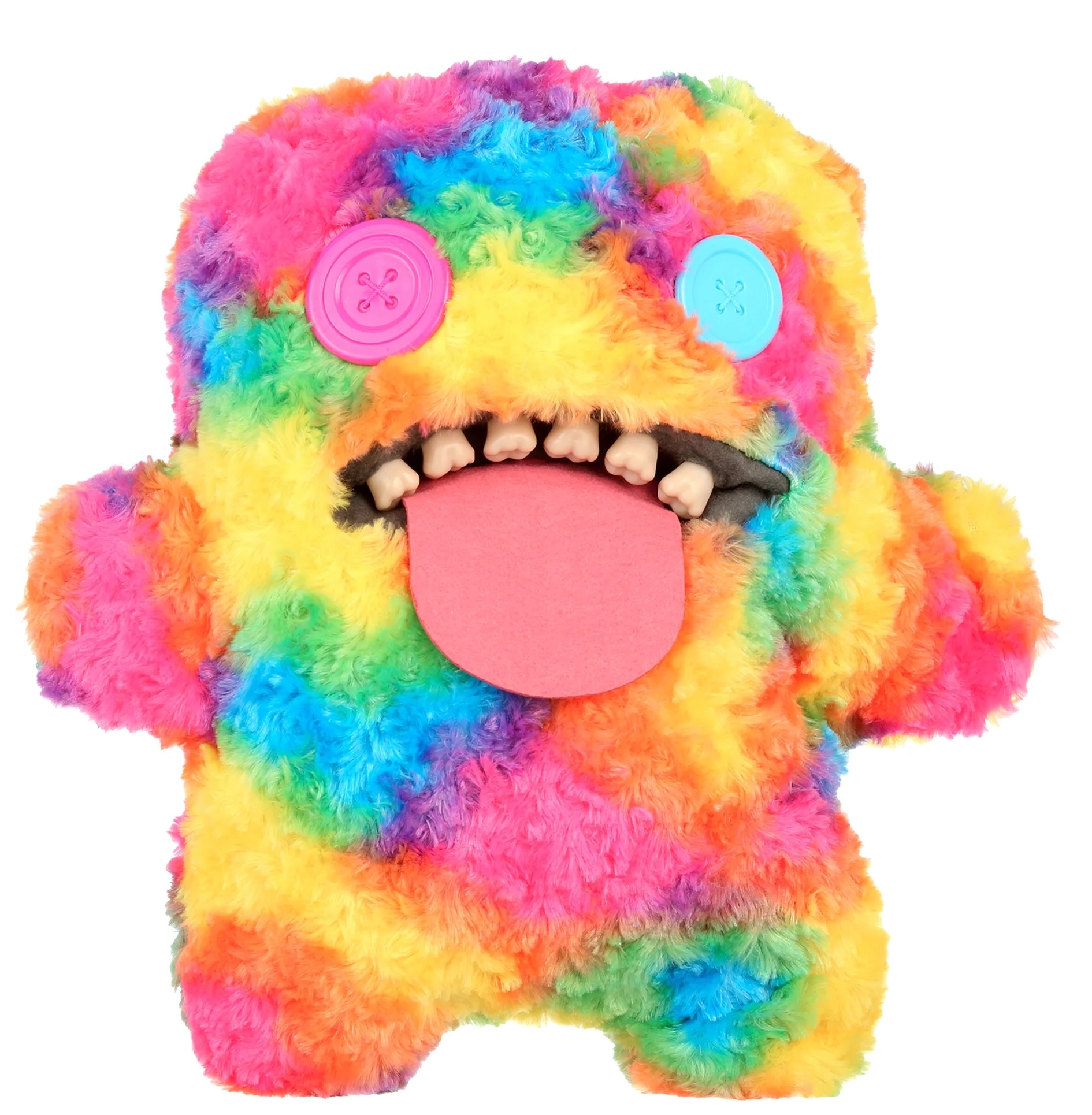 Oogah Boogah Fuggler with rainbow plush body, button eyes, and signature human-like teeth